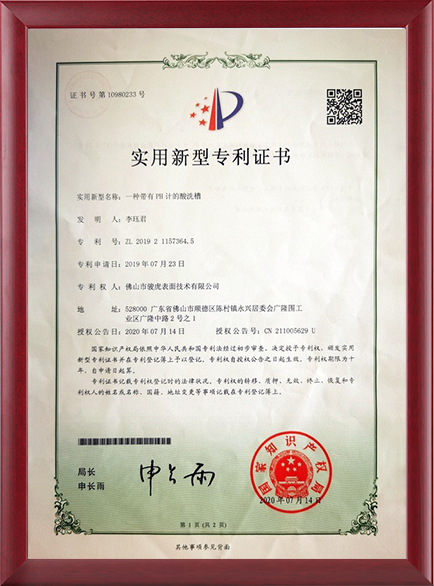 Patent certificate - a pickling tank with a PH meter