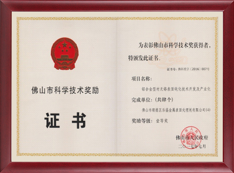 Foshan Science and Technology Award Certificate (Lesheng)